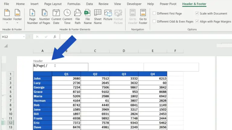 How to add a header in excel