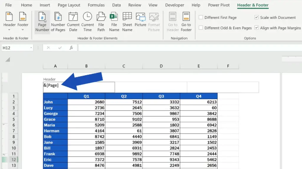 How to Add a Header in Excel -Excel uses this code for page numbers