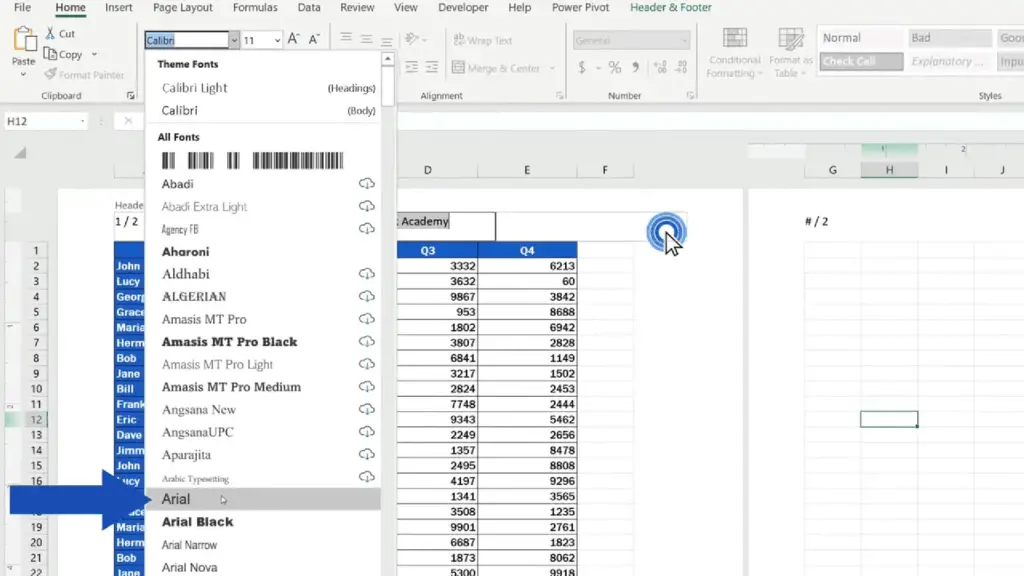 How to Add a Header in Excel - change the font to Arial