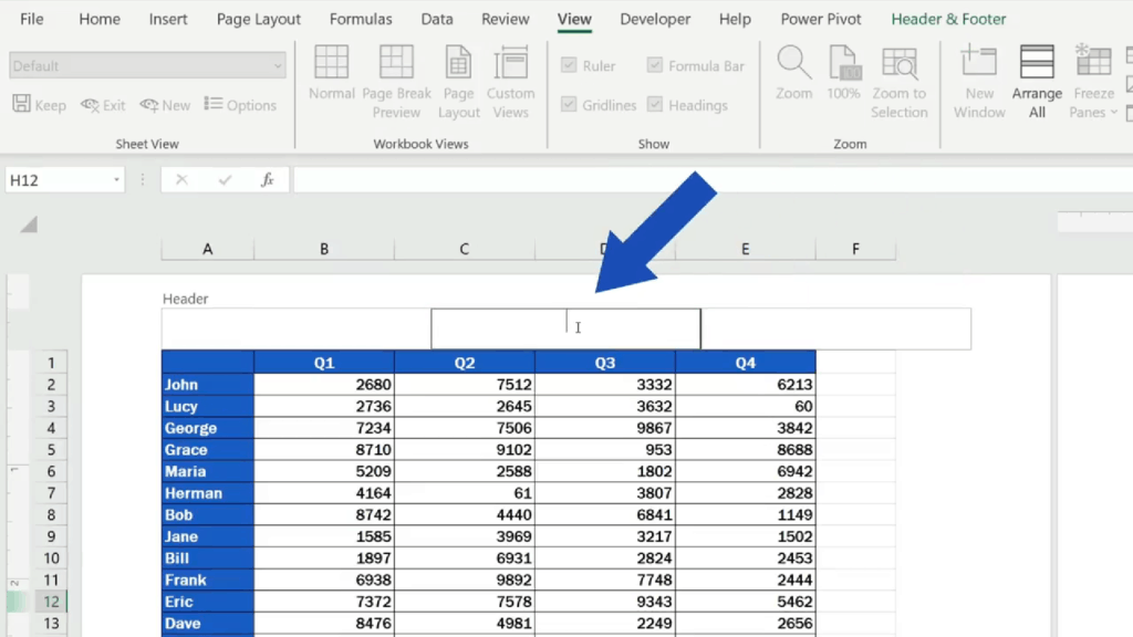How to Add a Header in Excel - click anywhere at the top of the document to see three sections