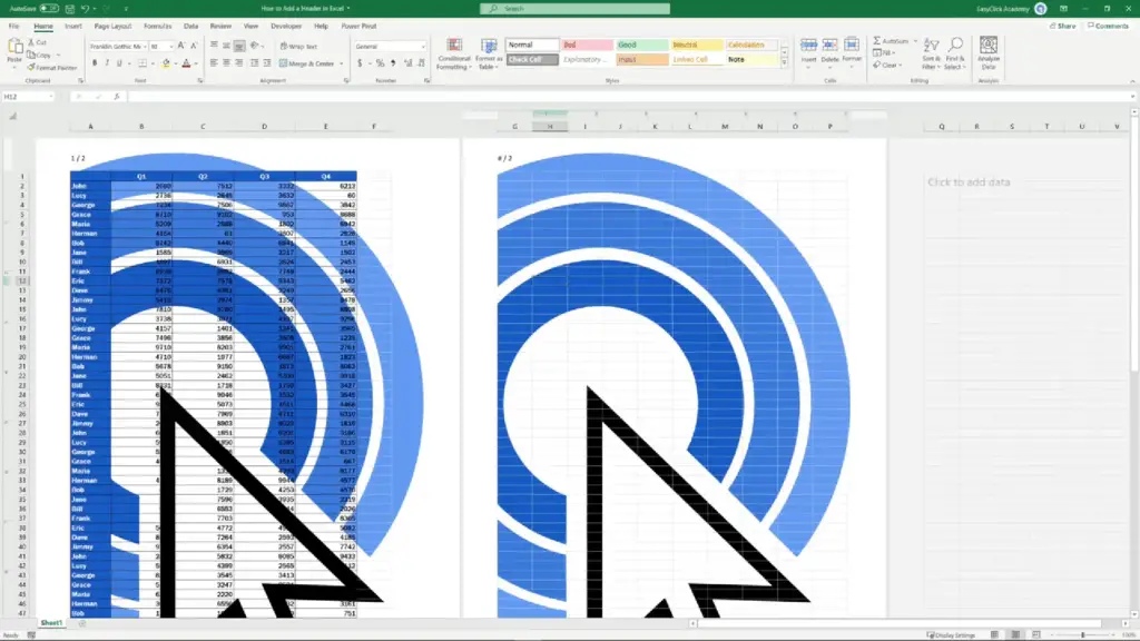 How to Add a Header in Excel - click anywhere into tthe document area to see the picture