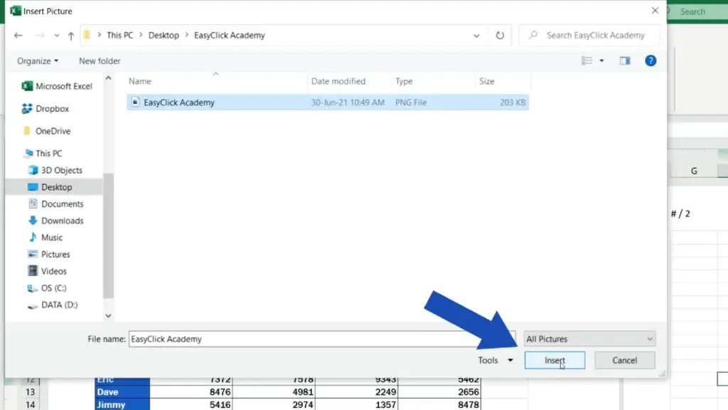 How to Add a Header in Excel -find the folder, click on it and confirm with the ‘Insert’ button