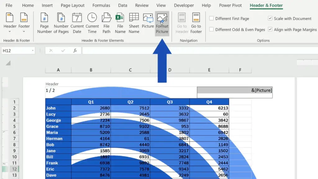 How to Add a Header in Excel - go to the tab ‘Header & Footer’ and choose the option ‘Format Picture’