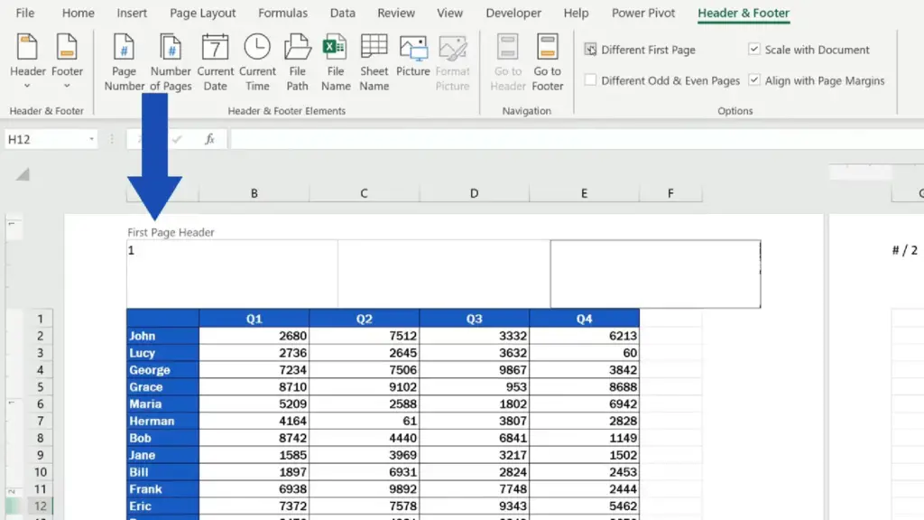 How to Add a Header in Excel - modify the header on the first page