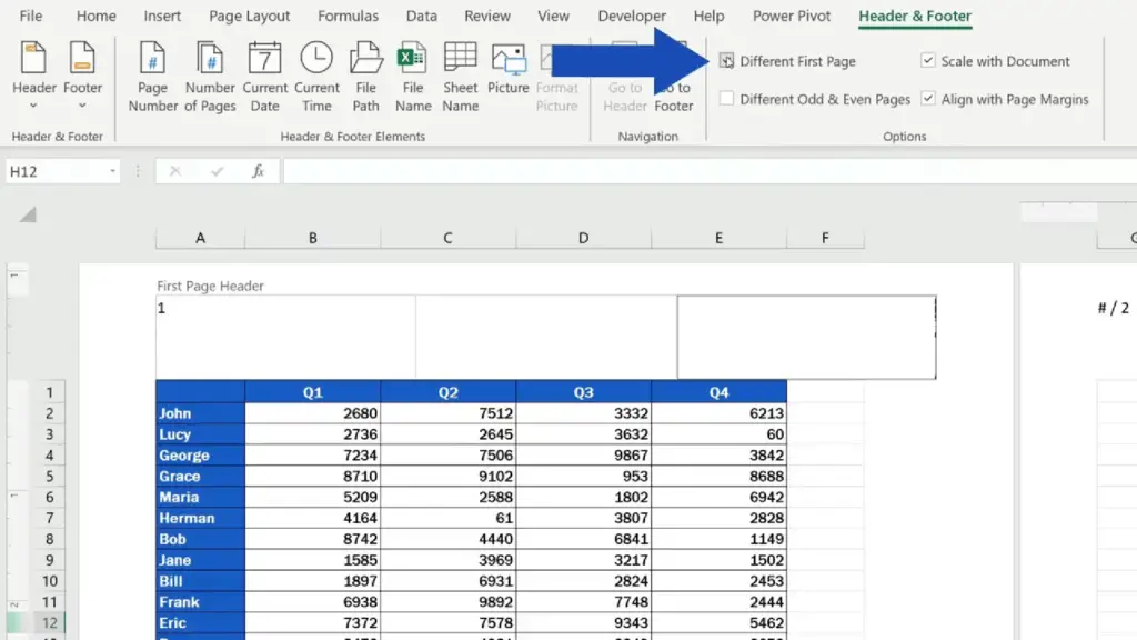 How to Add a Header in Excel - select ‘Different First Page’