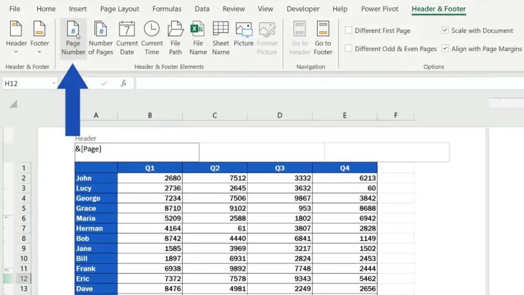 How to Add a Header in Excel - select Page Number