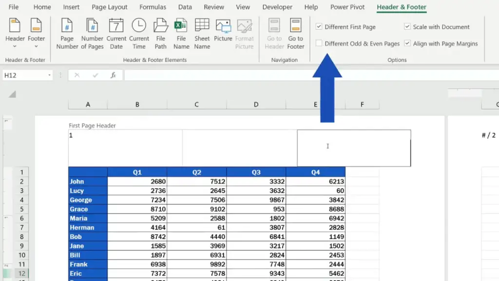 How to Add a Header in Excel - set ‘Different Odd & Even Pages’