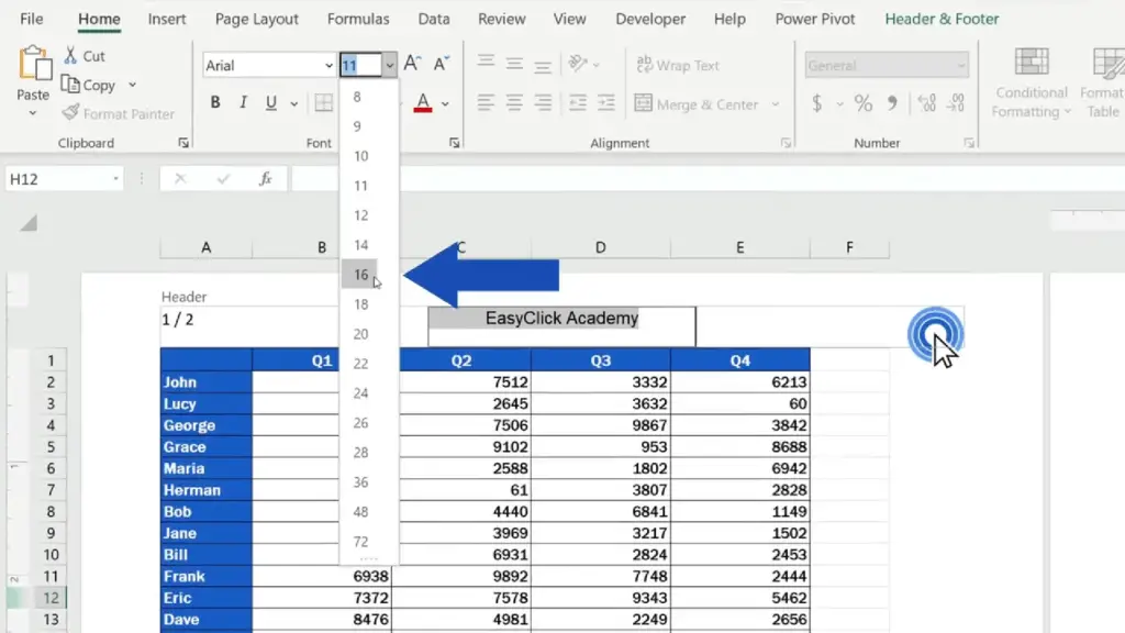 How to Add a Header in Excel - set the size to 16