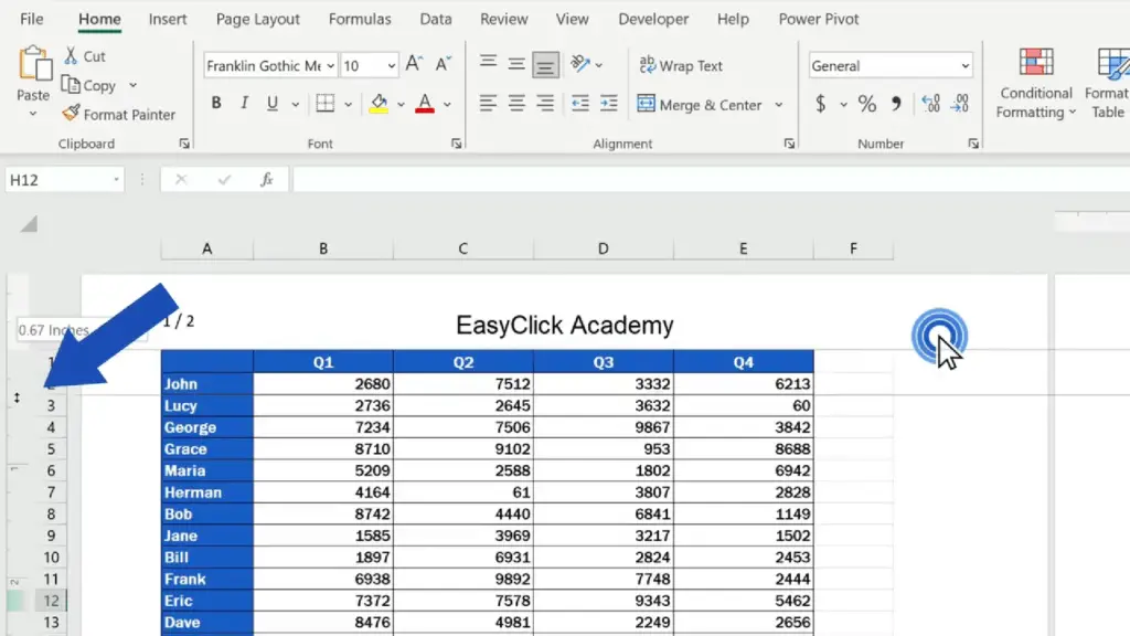 How to Add a Header in Excel - the border of the header can be easily moved
