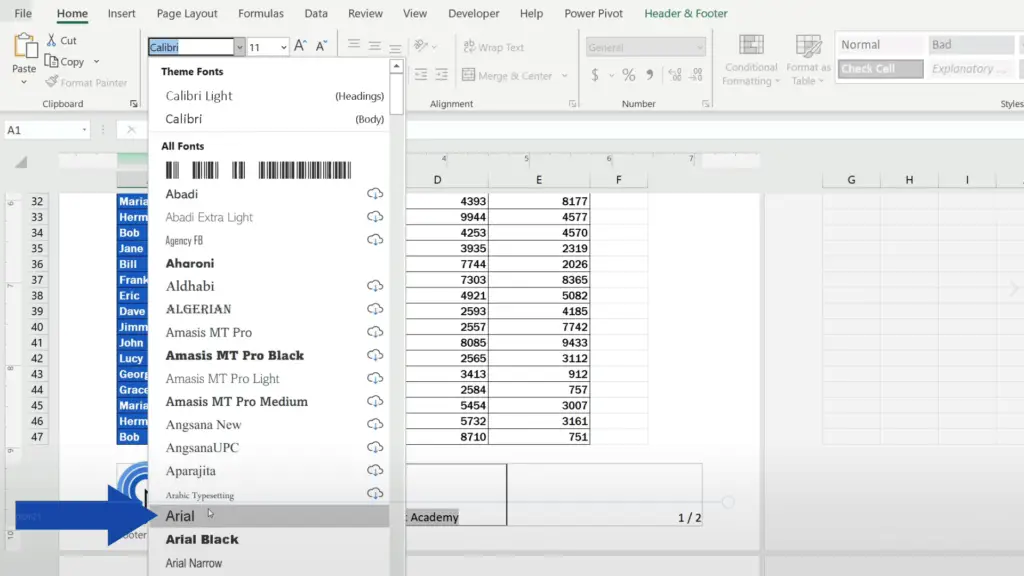 How to Add a Footer in Excel - change the font to Arial