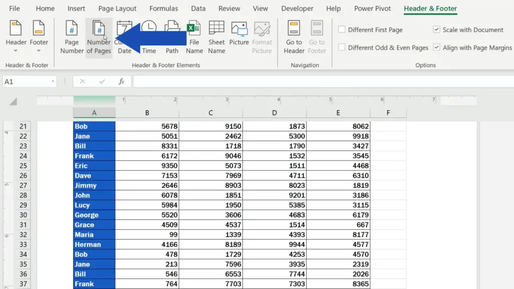 How to Add a Footer in Excel - click on ‘Number of Pages’