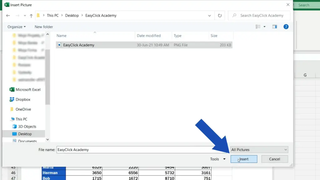 How to Add a Footer in Excel - click on it and confirm with the ‘Insert’ button