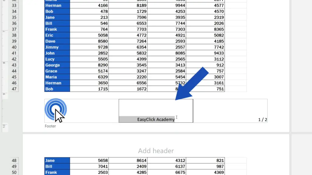 How to Add a Footer in Excel - highlight the text