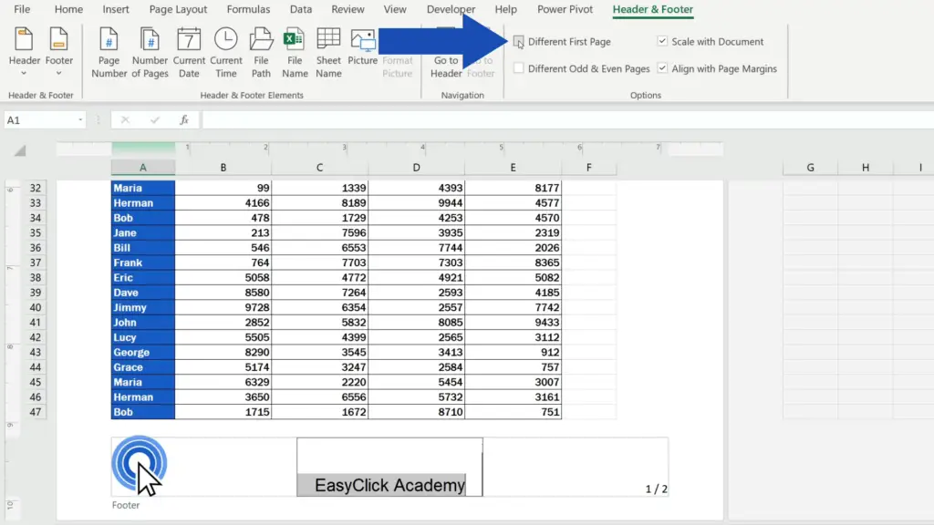 How to Add a Footer in Excel - select ‘Different First Page’
