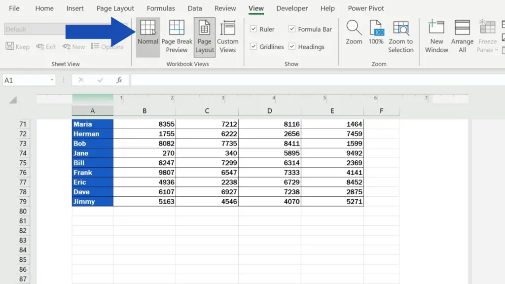 How to Add a Footer in Excel - selecting the view ‘Normal’.