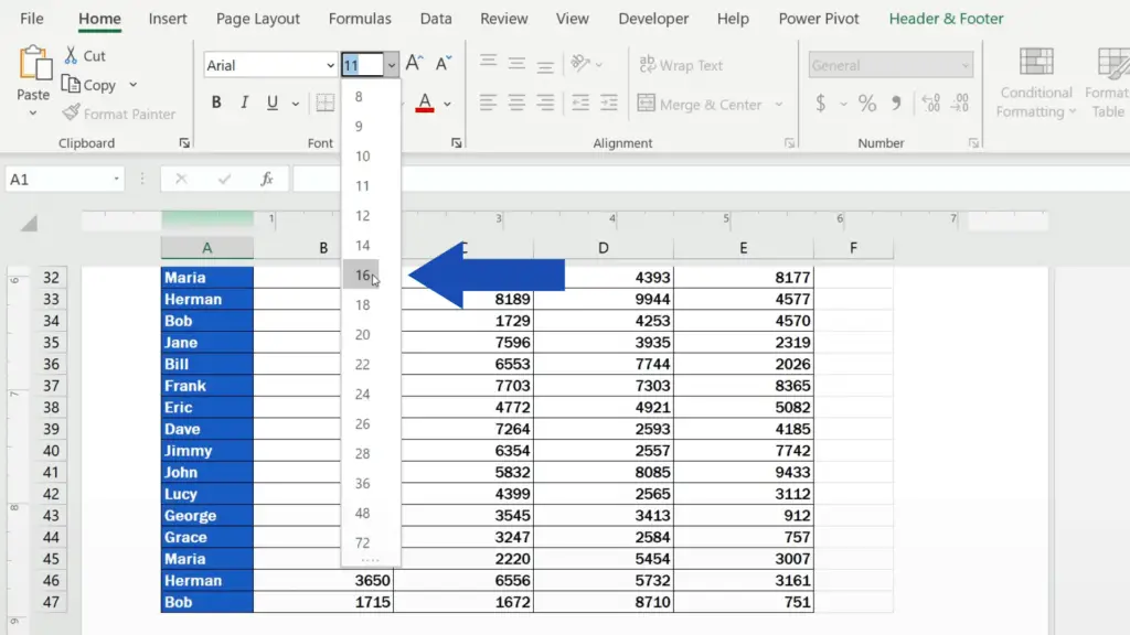 How to Add a Footer in Excel - set the size to 16