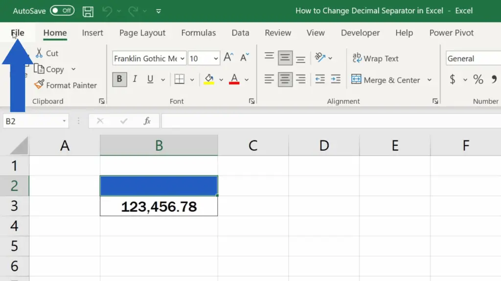 How to Change the Decimal Separator in Excel - Firts click on File