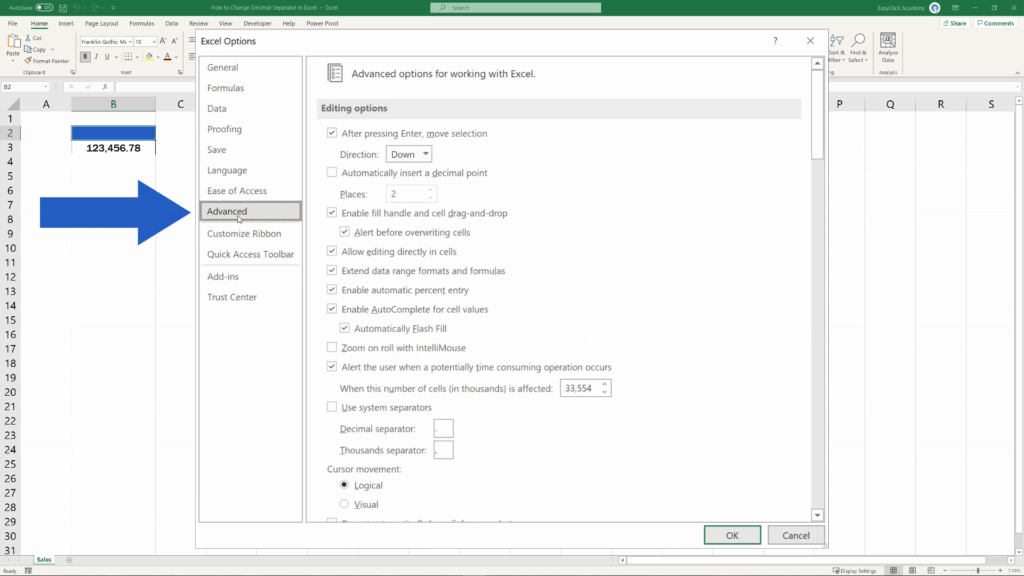 How to Change the Decimal Separator in Excel - You’ll see a window where you click on ‘Advanced’