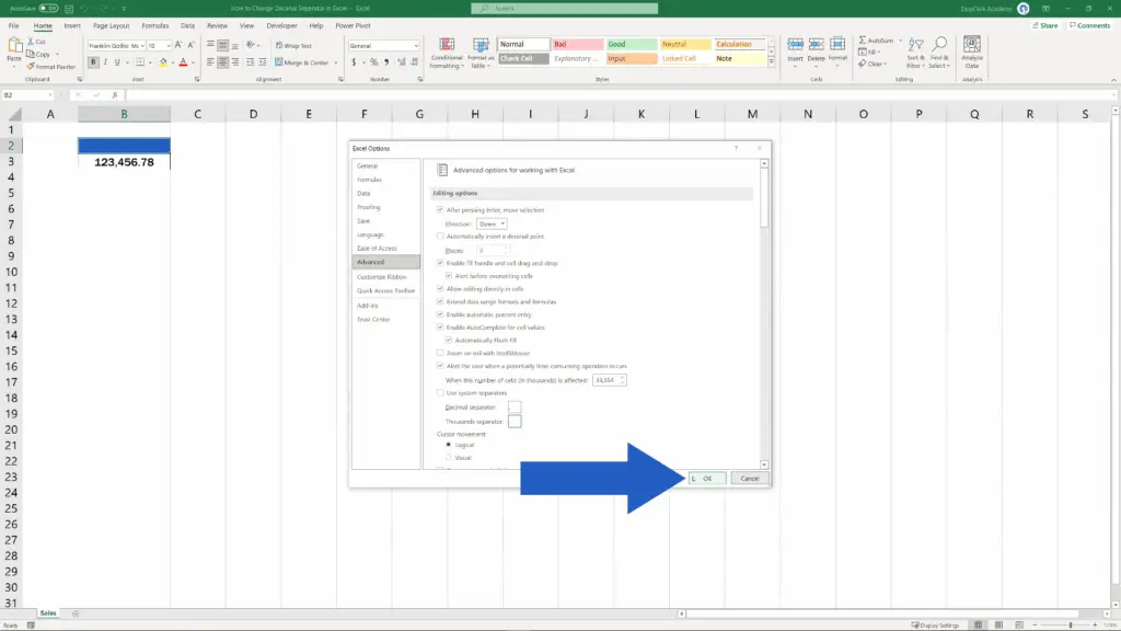 How to Change the Decimal Separator in Excel - confirm with OK