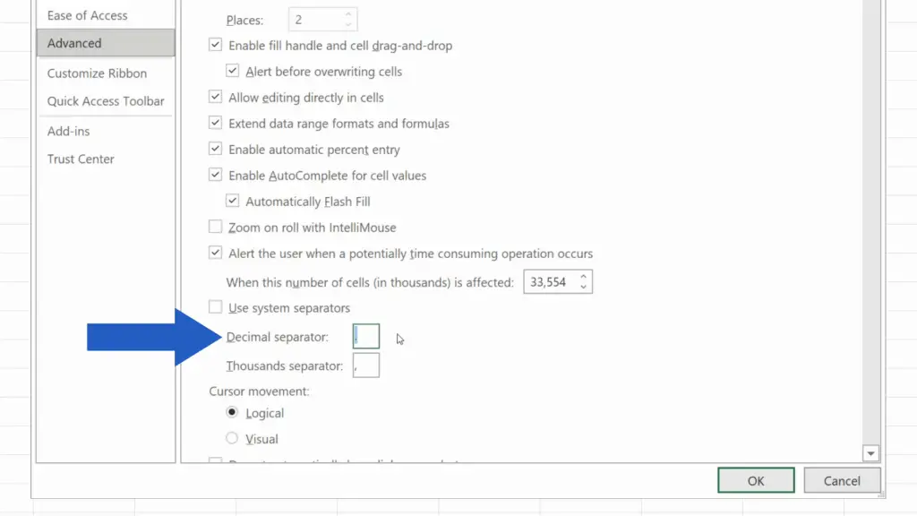 How to Change the Decimal Separator in Excel - rewrite the period