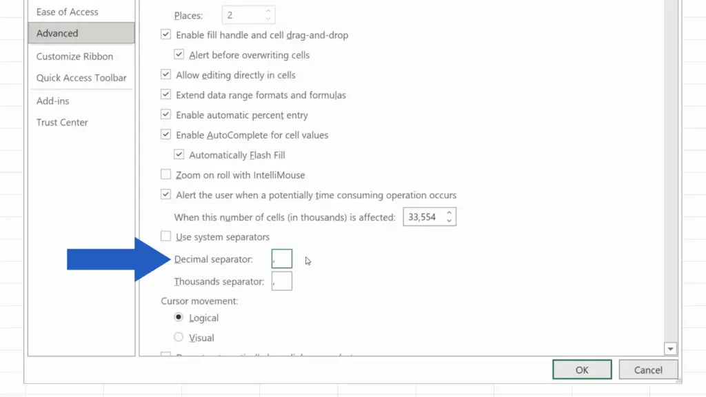 How to Change the Decimal Separator in Excel - type in a comma