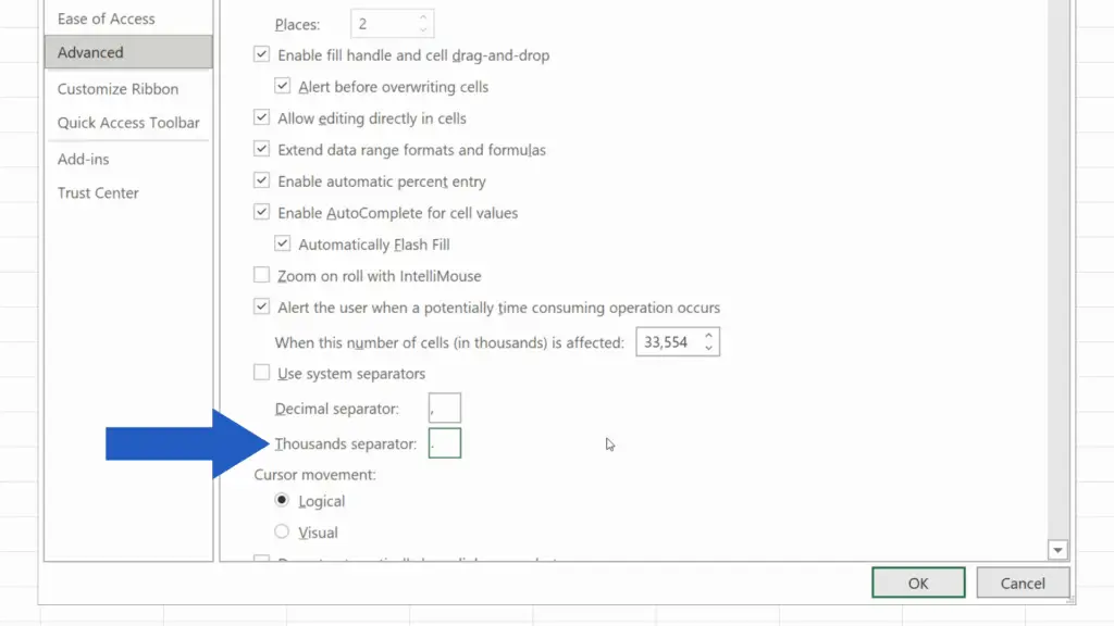 How to Change the Decimal Separator in Excel - use the period