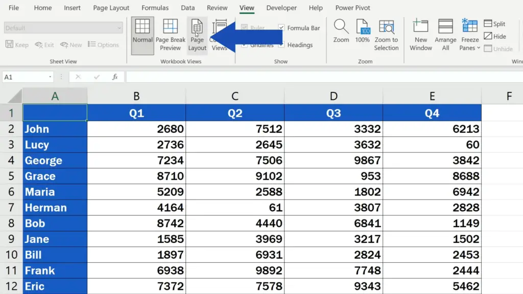 How to Insert Page Numbers in Excel - Change the View Mode of the Document to See Header and Footer