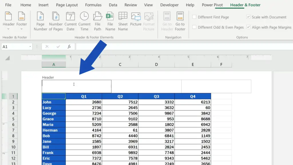 How to Insert Page Numbers in Excel -Click in to the Header