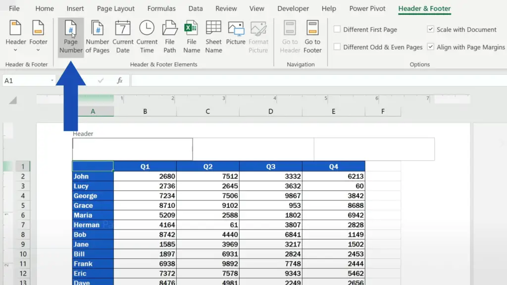 How to Insert Page Numbers in Excel - Select Page Number