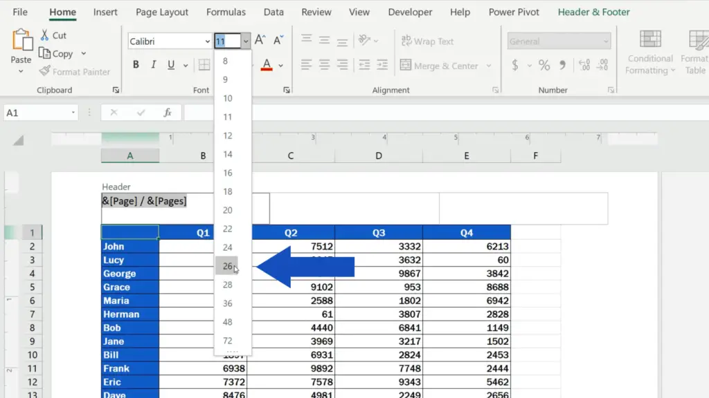 How to Insert Page Numbers in Excel - change the font size
