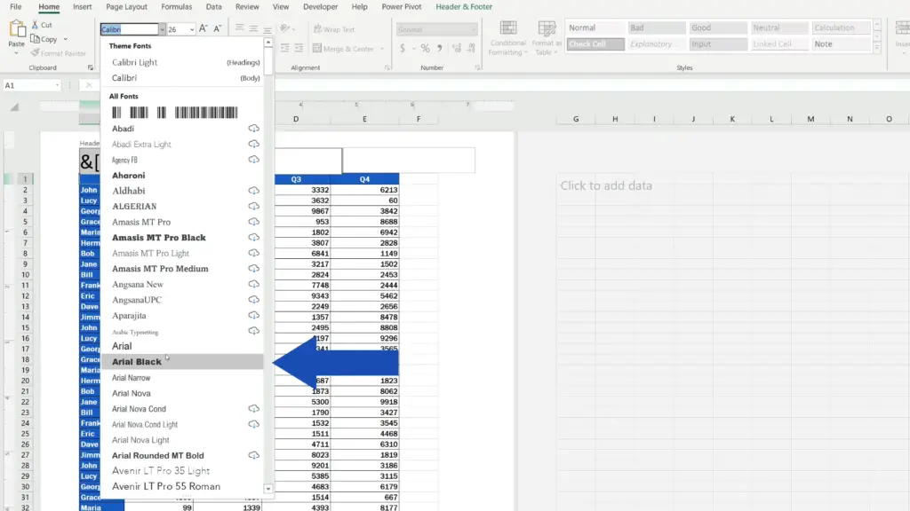 How to Insert Page Numbers in Excel - change the font type