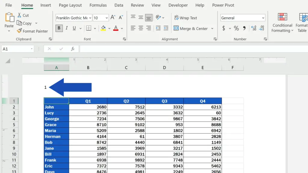 How to Insert Page Numbers in Excel - click anywhere within the document area to see the number of the page