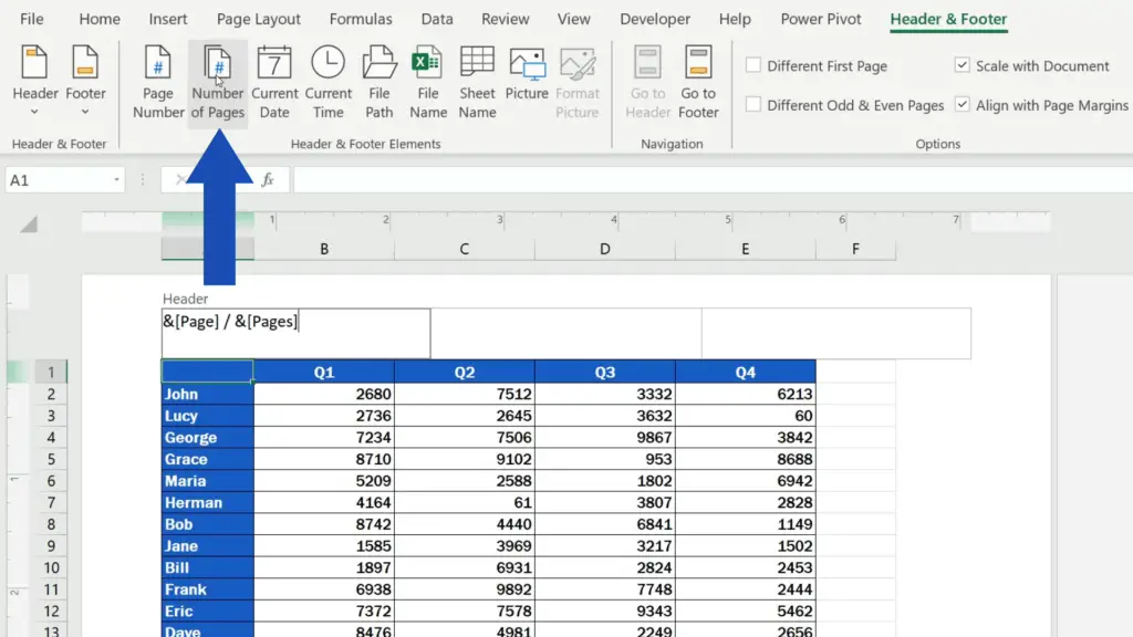 How to Insert Page Numbers in Excel - click on ‘Number of Pages’