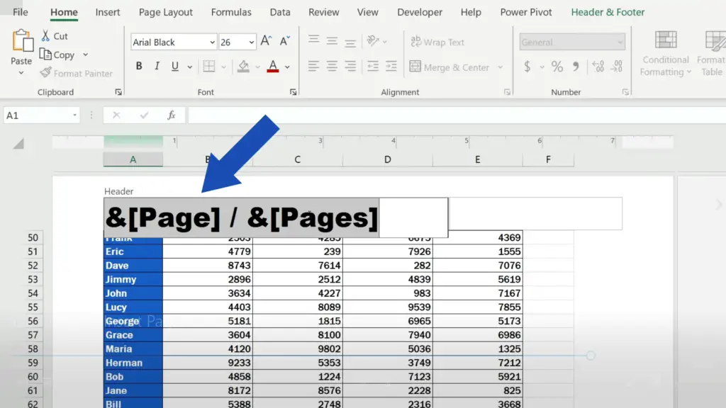 How to Insert Page Numbers in Excel - remove page numbering from the header