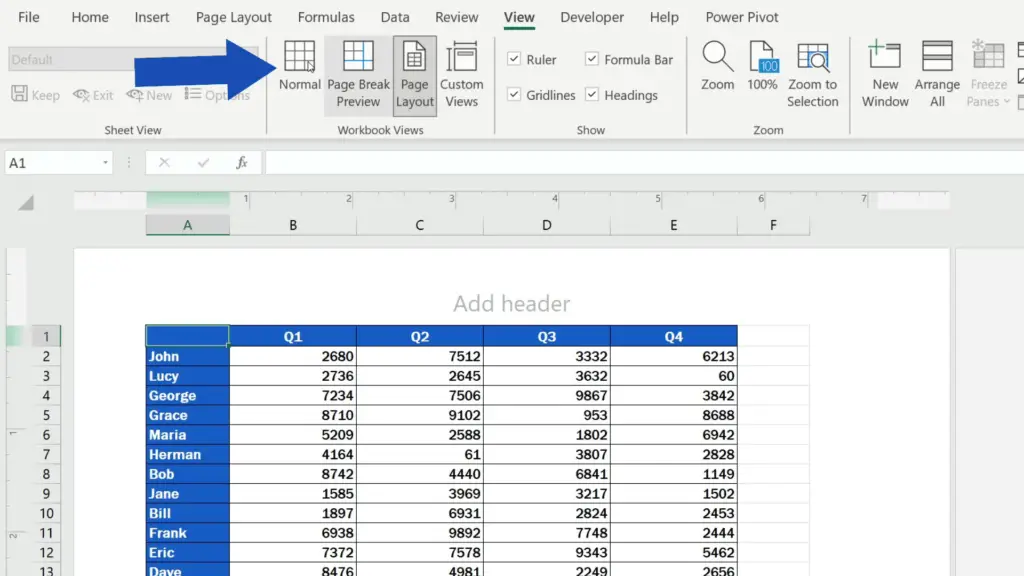 How to Insert Page Numbers in Excel - return to the regular view selecting the view ‘Normal’