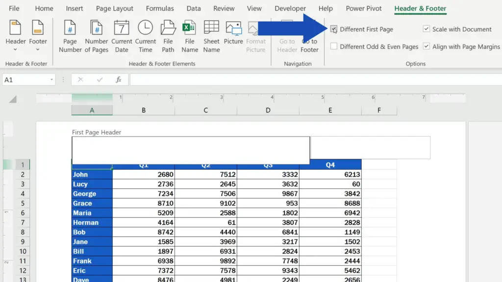 How to Insert Page Numbers in Excel - select ‘Different First Page’