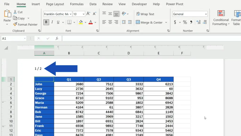 How to Insert Page Numbers in Excel - shows the number of pages separated with a slash 