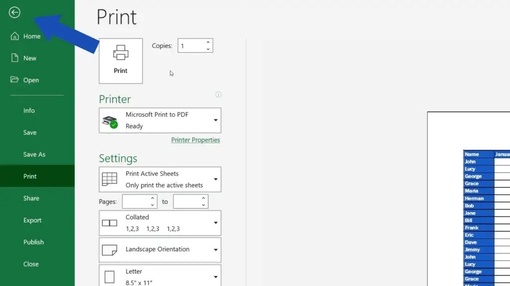 How to Set the Print Area in Excel - click on the arrow to go back