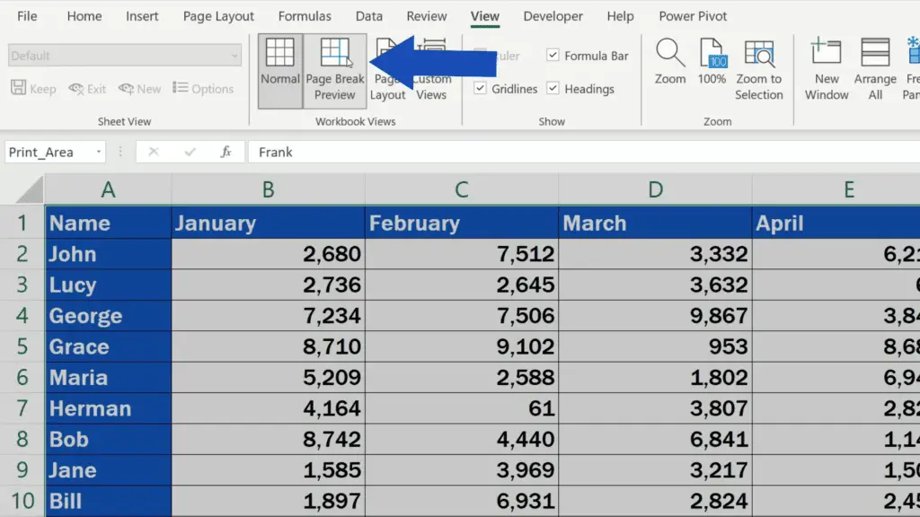 How to Set the Print Area in Excel - click on Page Break Review