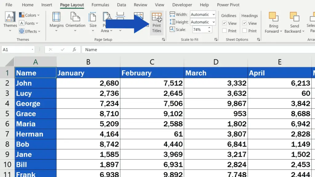 How to Set the Print Area in Excel - click on Print Titles