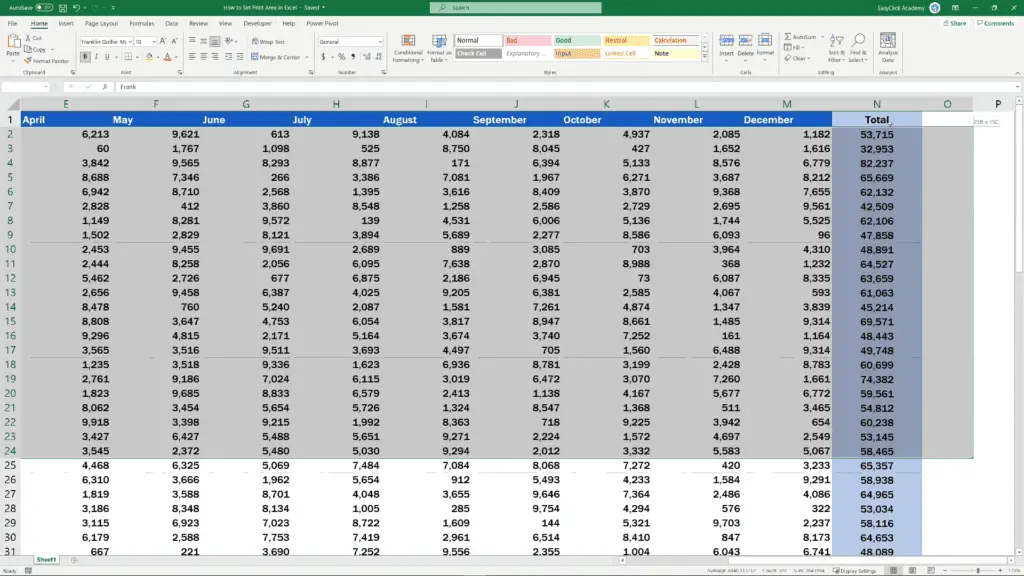 How to Set the Print Area in Excel - highlight the area