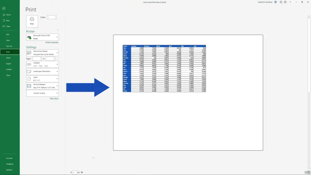 How to Set the Print Area in Excel - print preview