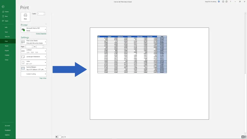 How to Set the Print Area in Excel - print preview page two