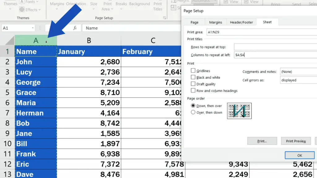 How to Set the Print Area in Excel - select the column A