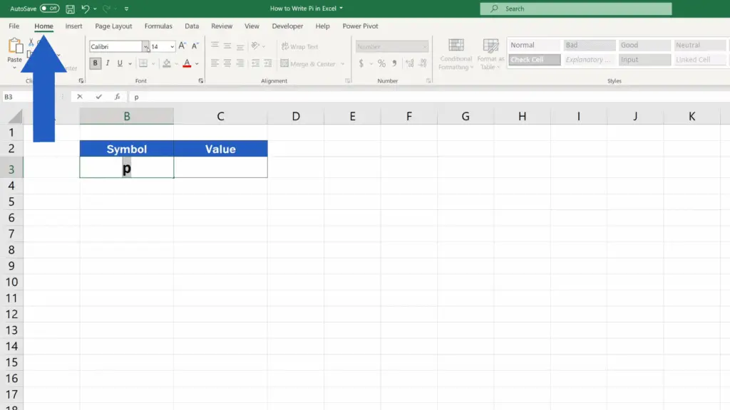 How to Write Pi in Excel - Highlight the letter and go the Home tab