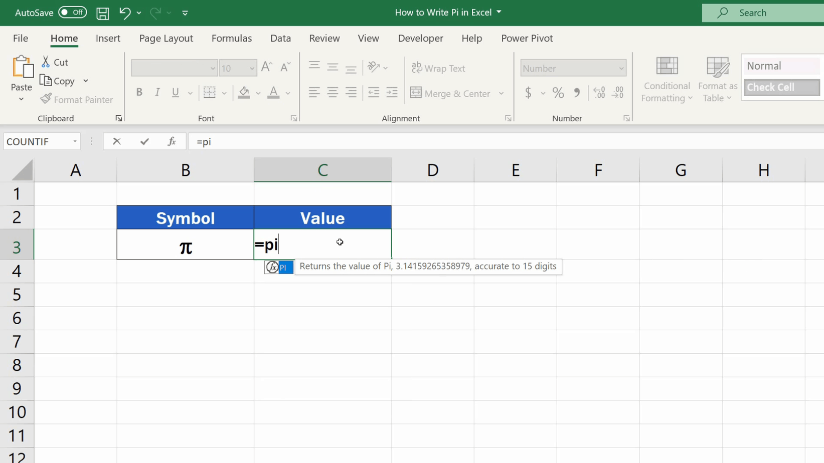 How to write pi in excel