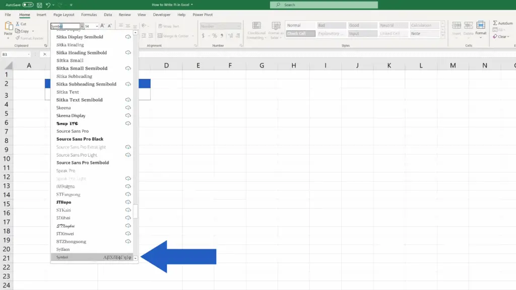 How to Write Pi in Excel - change the font type to ‘Symbol’