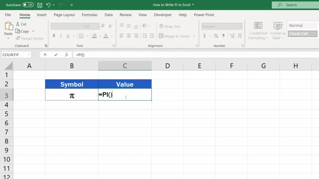 How to Write Pi in Excel - close the brackets leaving it all empty