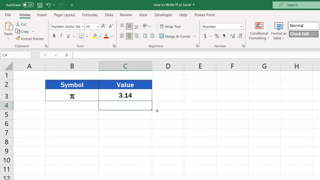 How to Write Pi in Excel - display the exact value of pi