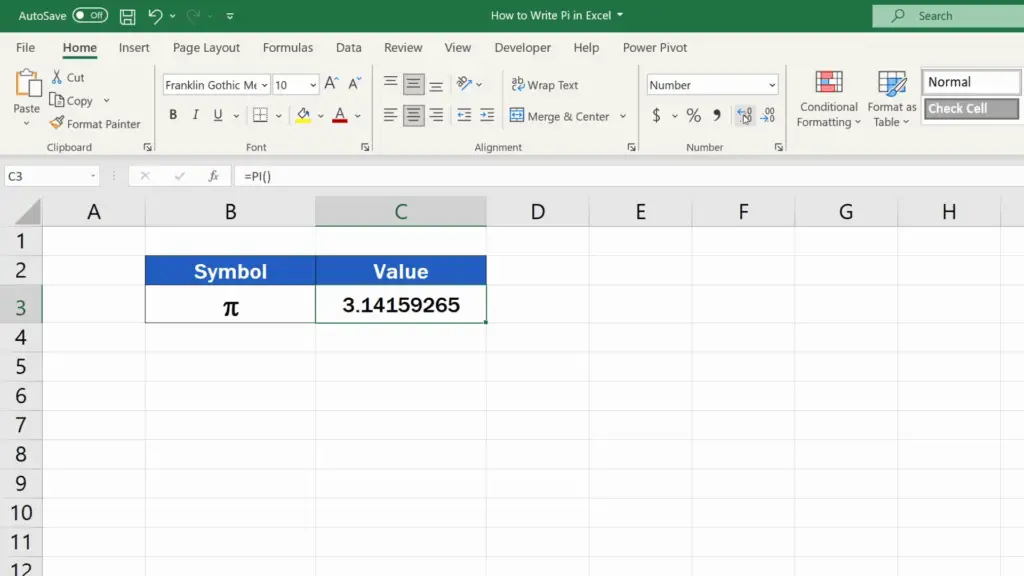 How to Write Pi in Excel - display up to 15 digits of the number